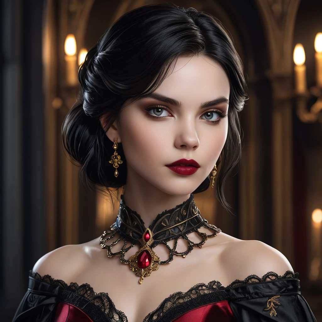 a stunning portrait of Cassandra Cain as a seductive vampire, pale skin, dark hair, crimson lips, piercing gaze, elegant gothic dress, ornate jewelry, dramatic lighting