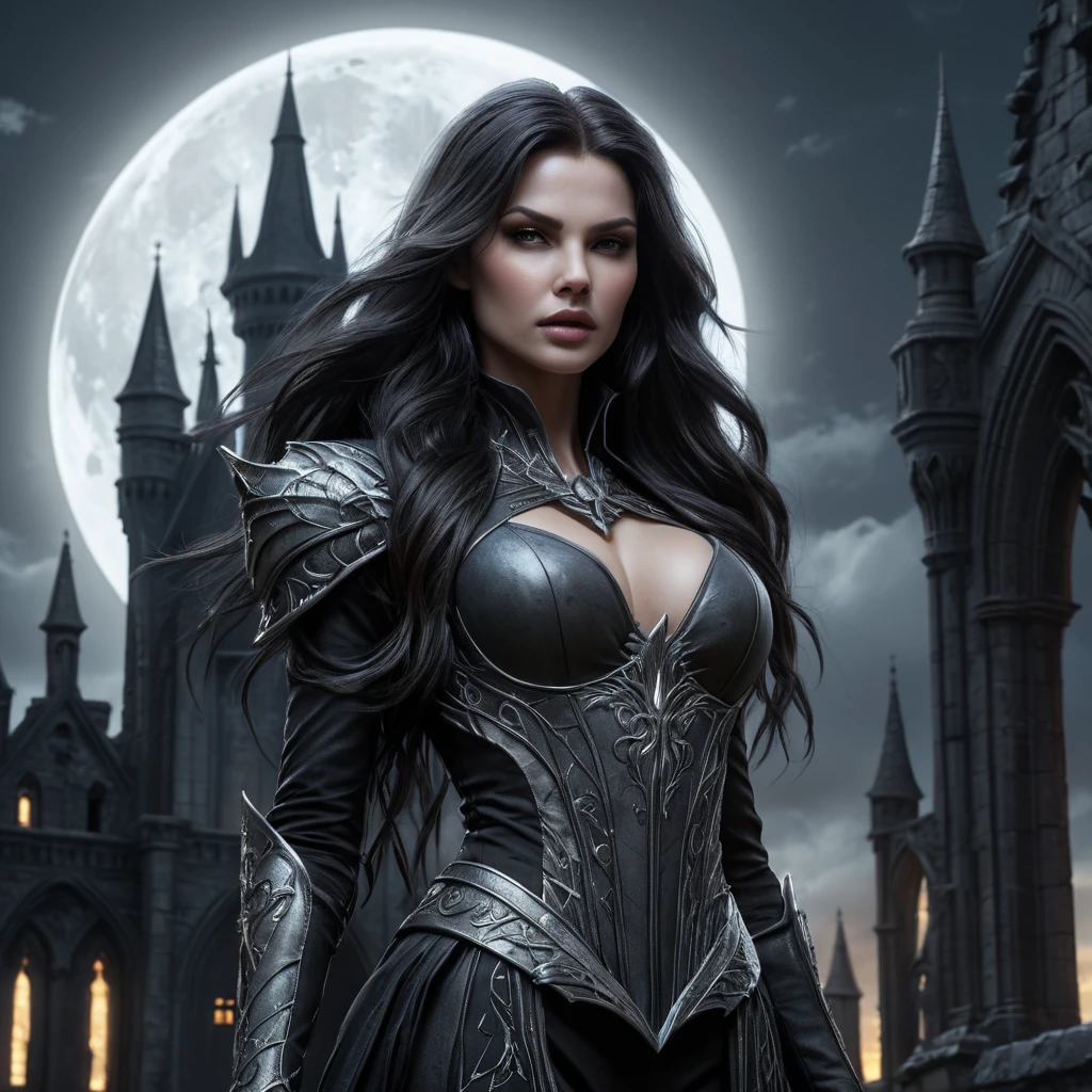 A brooding, elegant vampire Sarah Kerrigan, standing amidst a crumbling gothic castle, moonlight illuminating her pale face, sharp fangs visible,  long flowing black hair