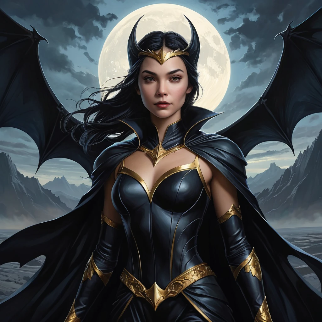 surreal painting of Cassandra Cain as a vampire queen, ruling over a desolate landscape, powerful and regal, ethereal glow, dark fantasy elements