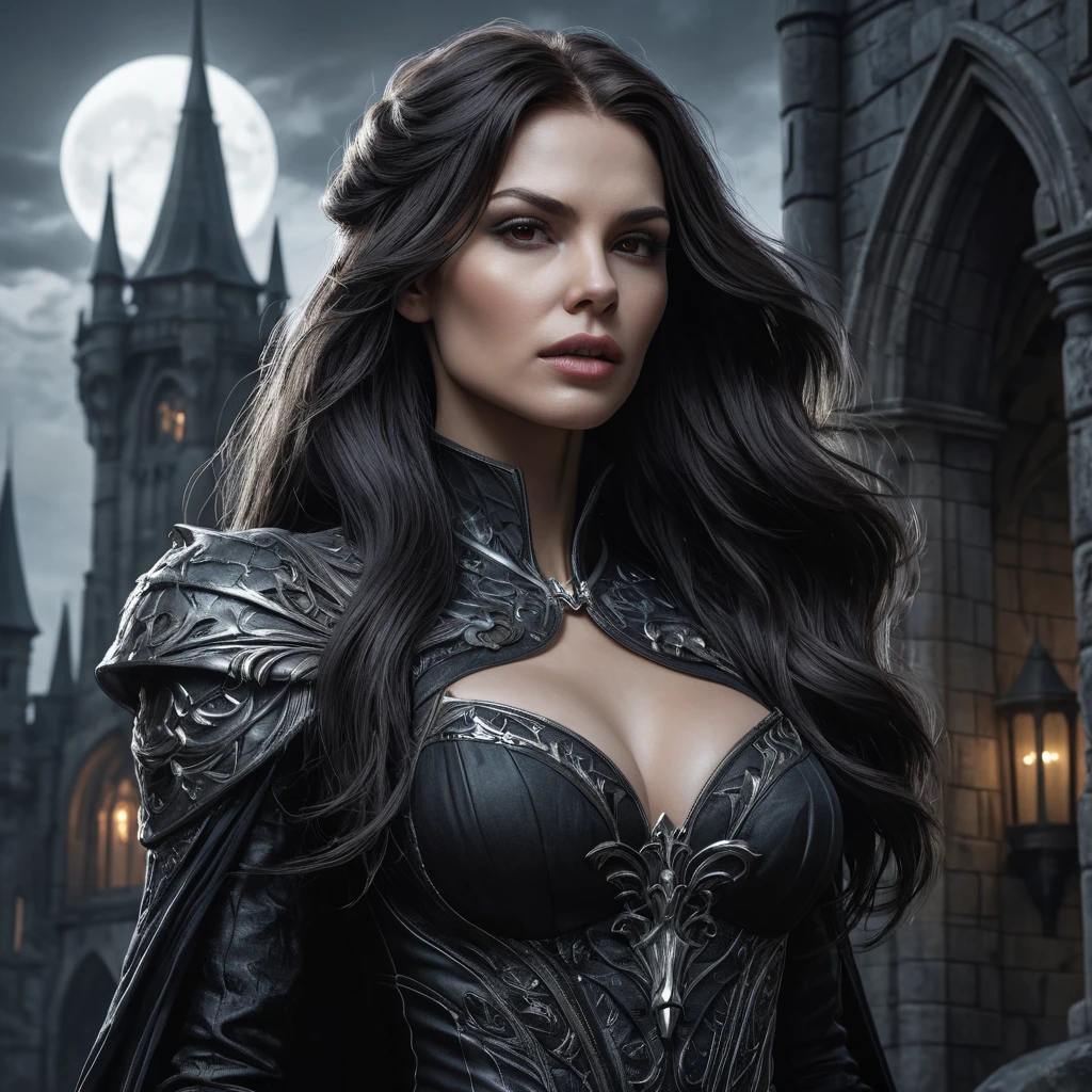 A brooding, elegant vampire Sarah Kerrigan, standing amidst a crumbling gothic castle, moonlight illuminating her pale face, sharp fangs visible,  long flowing black hair