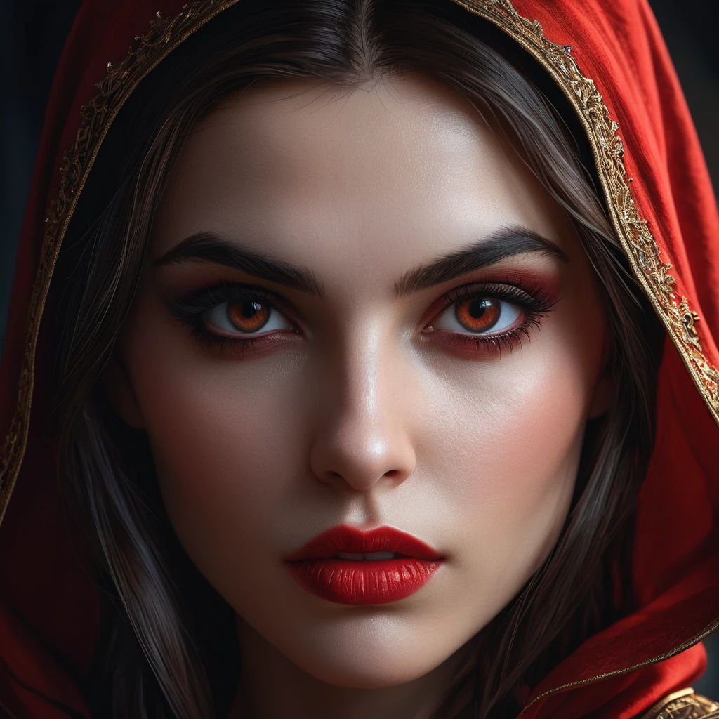 A close-up portrait of Kassandra, a seductive vampire, her face partially obscured by shadows.  Her lips are full and crimson, her eyes gleam with an unnerving intensity