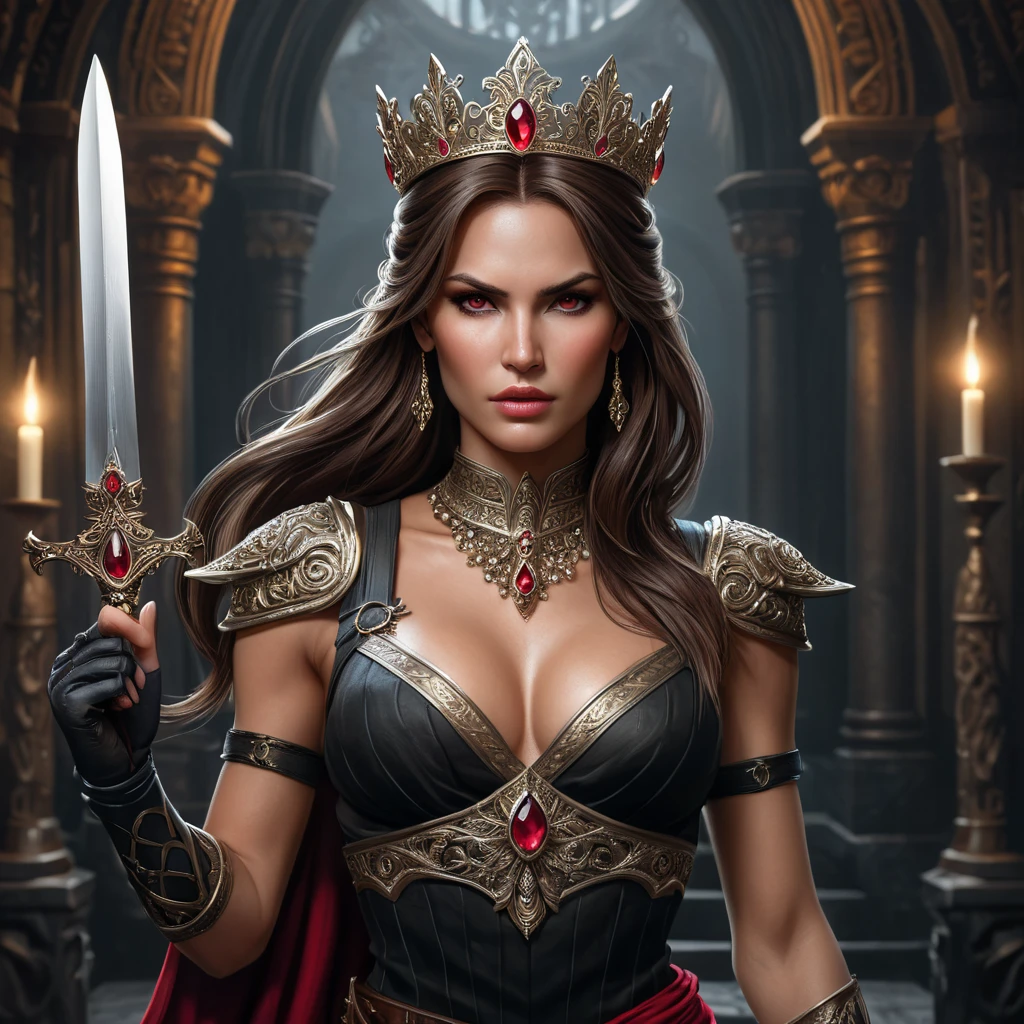 Dark fantasy illustration of Lara Croft as a powerful vampire queen, regal pose, ornate crown, crimson eyes, long flowing dark hair, holding a jeweled dagger