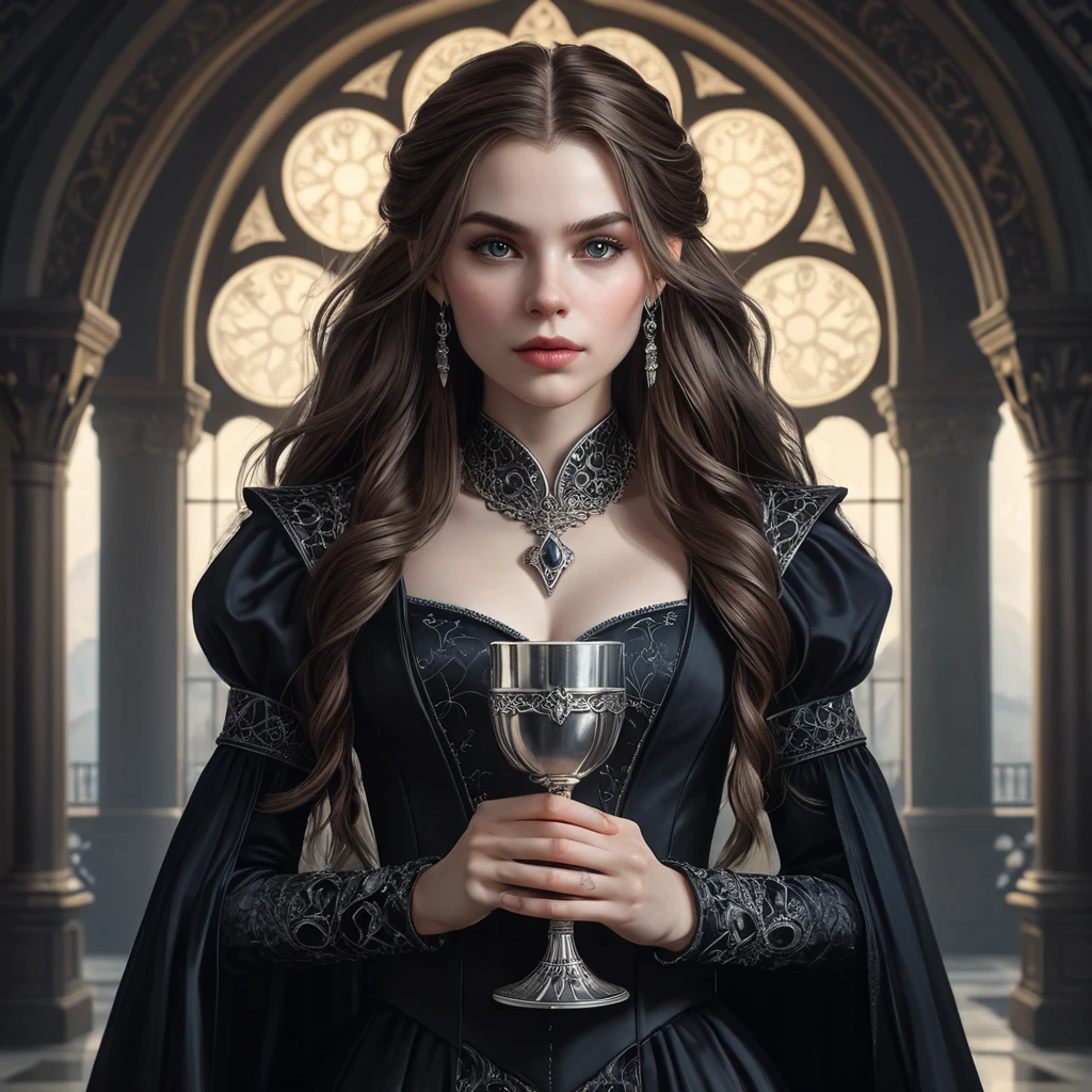 Aloy as a gothic vampire, elegant black dress, pale skin, sharp features, long dark hair, holding a silver goblet, opulent background