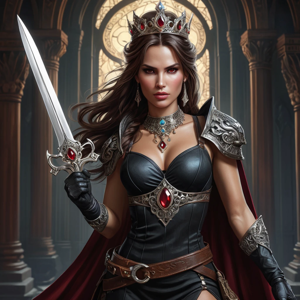 Dark fantasy illustration of Lara Croft as a powerful vampire queen, regal pose, ornate crown, crimson eyes, long flowing dark hair, holding a jeweled dagger