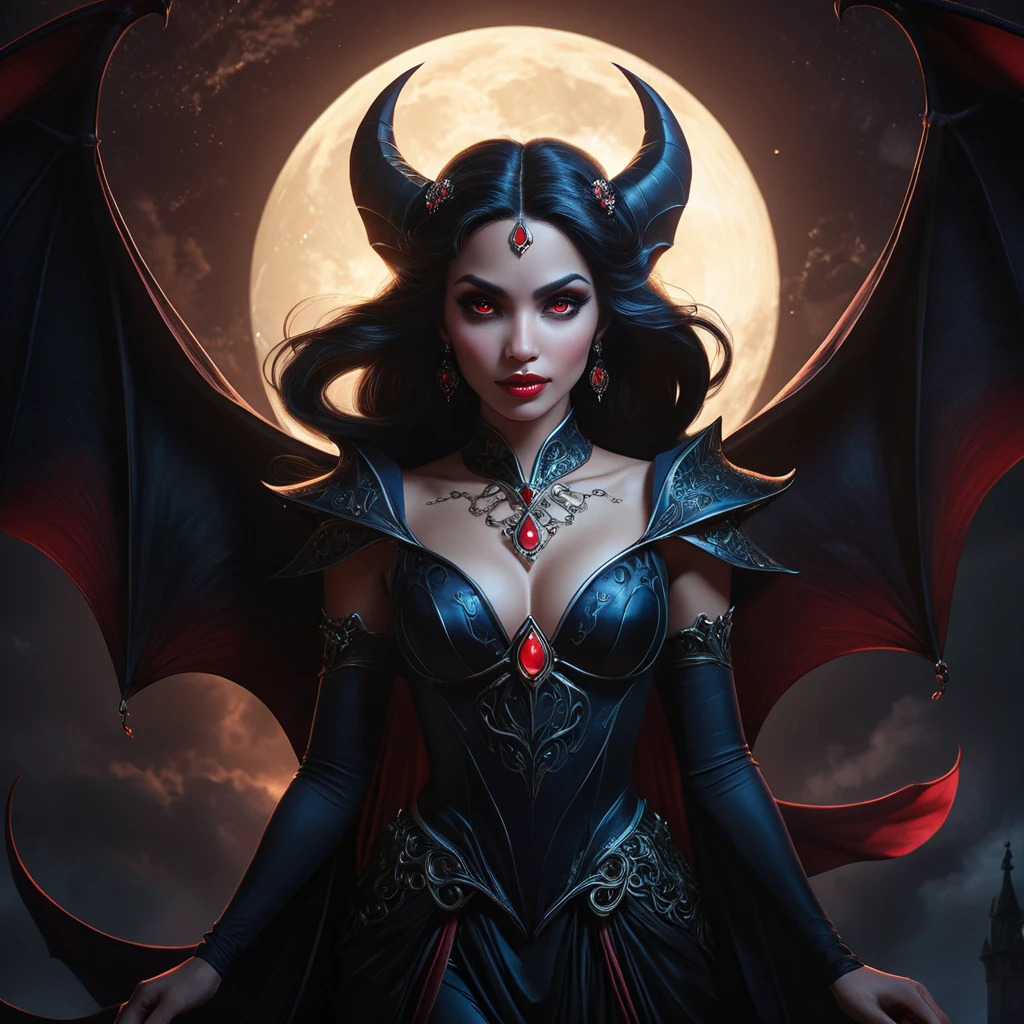 Dramatic fantasy artwork of Vampire Princess Jasmine,  transformed into a powerful bat-like creature with glowing red eyes,  surrounded by swirling shadows and moonlight,  dark and moody atmosphere