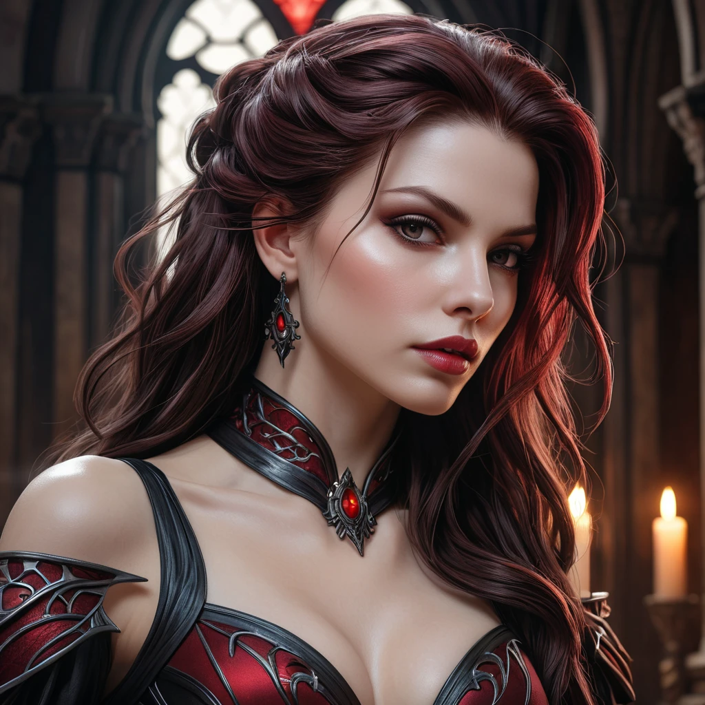 Sarah Kerrigan as a seductive vampire,  pale skin, dark flowing hair, sharp claws, gothic architecture background, blood red highlights