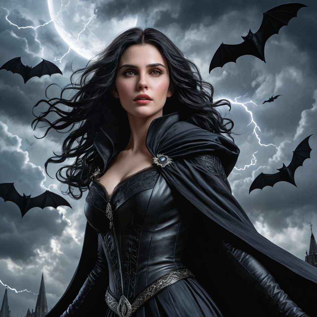 A powerful, dynamic image of vampire Yennefer soaring through a stormy night sky, her black cloak billowing behind her.  She's surrounded by bats and lightning, her eyes blazing with supernatural energy.