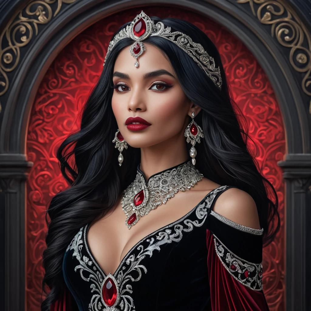 A breathtaking portrait of Vampire Princess Jasmine, ethereal beauty with sharp fangs, flowing midnight-black hair adorned with crimson jewels, wearing a velvet gown embroidered with silver crescent moons