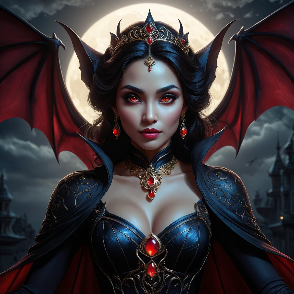 Dramatic fantasy artwork of Vampire Princess Jasmine,  transformed into a powerful bat-like creature with glowing red eyes,  surrounded by swirling shadows and moonlight,  dark and moody atmosphere