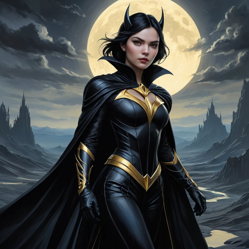 surreal painting of Cassandra Cain as a vampire queen, ruling over a desolate landscape, powerful and regal, ethereal glow, dark fantasy elements