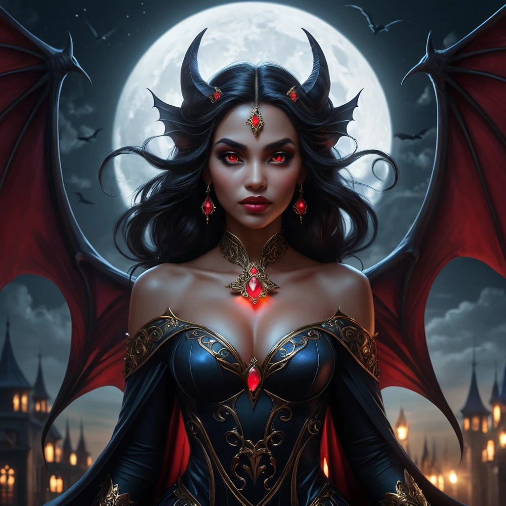 Dramatic fantasy artwork of Vampire Princess Jasmine,  transformed into a powerful bat-like creature with glowing red eyes,  surrounded by swirling shadows and moonlight,  dark and moody atmosphere