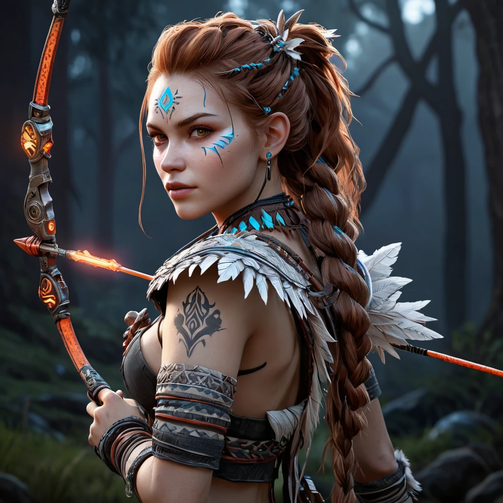 Aloy from Horizon Zero Dawn, but as a vampire, pale skin, crimson eyes, fangs, intricate tribal tattoos, holding a glowing bow