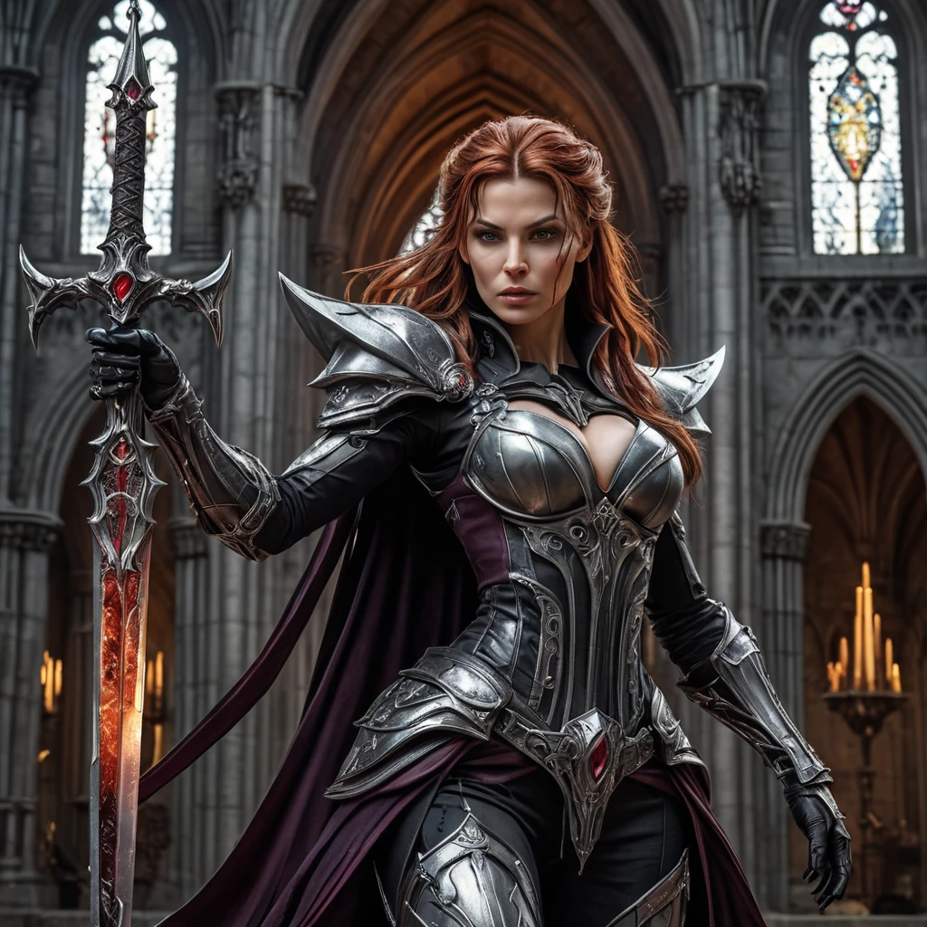 Dark fantasy portrait of Sarah Kerrigan, vampire queen, wielding a wicked blade, dripping blood, dramatic pose, detailed armor, gothic cathedral setting