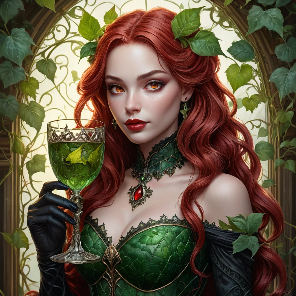 Poison Ivy's face, but with sharp fangs and piercing red eyes, draped in dark, velvety vines, holding a goblet of crimson liquid