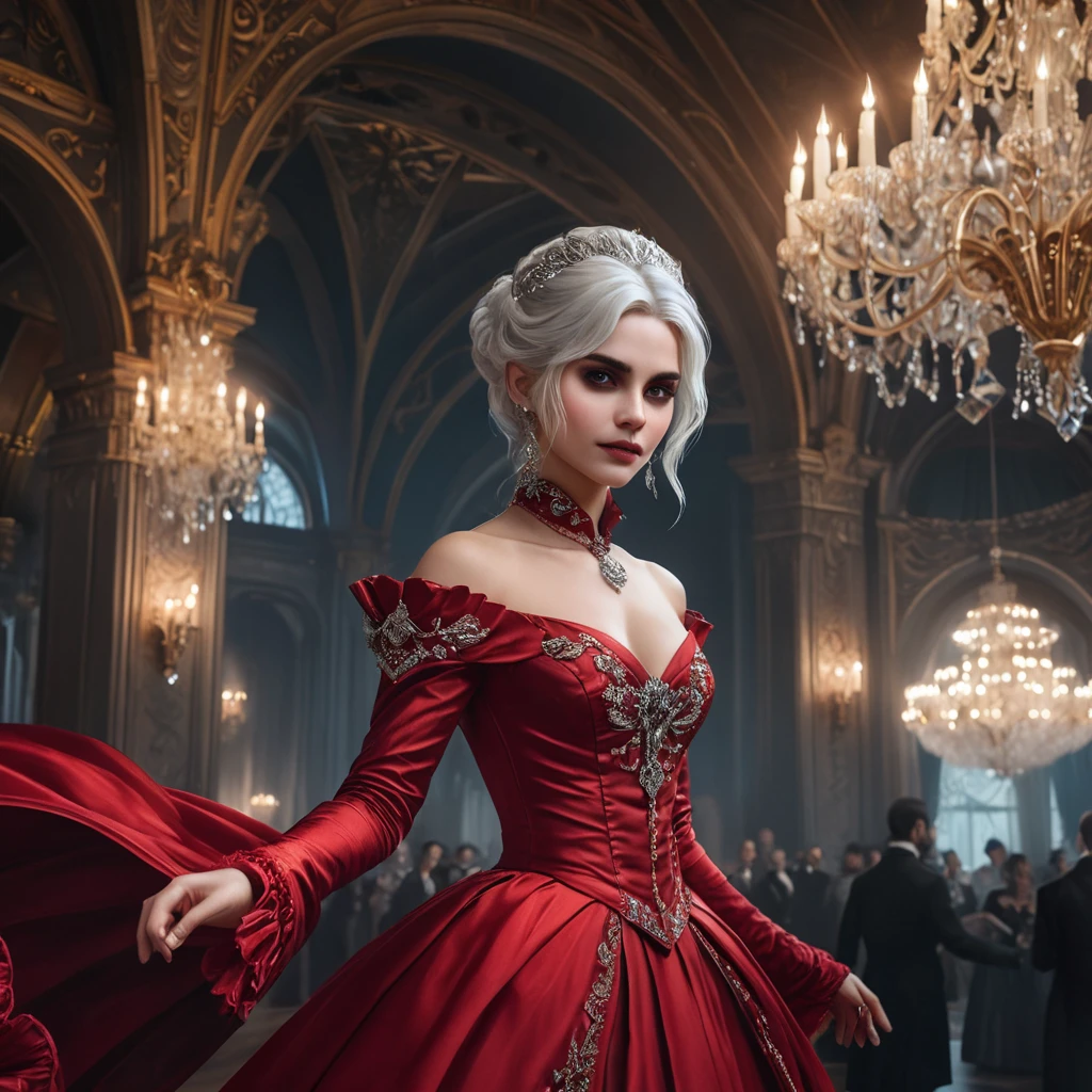 Atop a grand masquerade ballroom, Vampire Ciri dances under crystal chandeliers, her crimson gown swishing in tandem to the haunting melody played by an invisible orchestra. Her gaze pierces through her ornate mask, revealing eyes that hold centuries of untold stories.