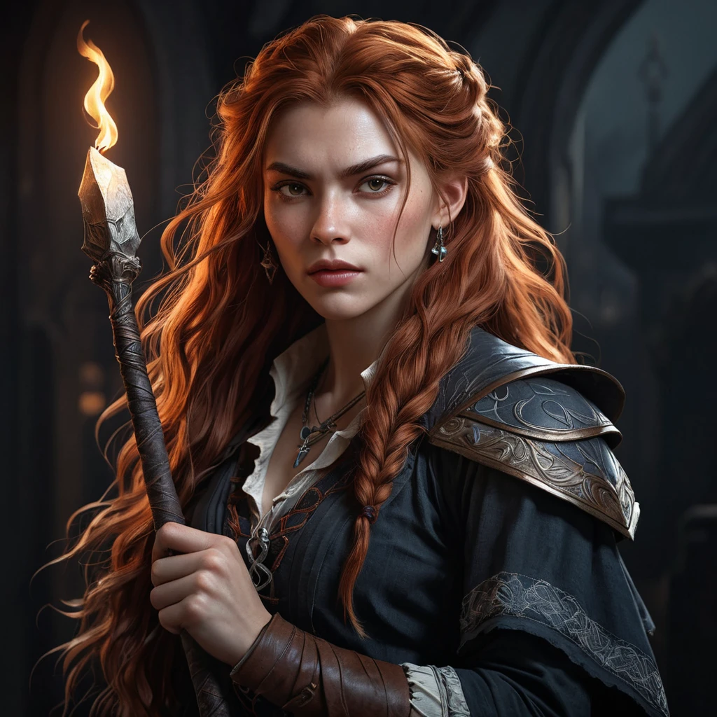 Portrait of Aloy, vampire hunter aesthetic, sharp fangs, intense gaze, long flowing red hair, tattered clothing, holding a stake, dark background