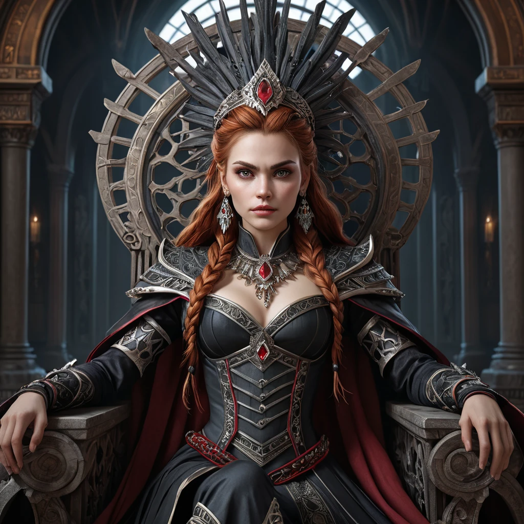 Aloy, vampire queen, sitting on a throne of bones, regal expression, crimson eyes, intricate headdress, dark flowing robes, gothic architecture