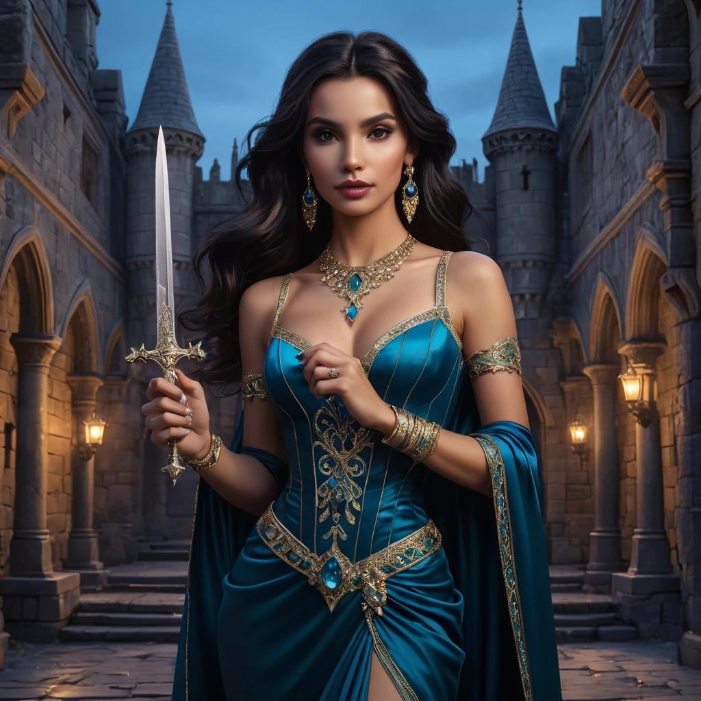 Vampire Princess Jasmine, elegant and powerful, standing amidst a gothic castle ruins at twilight, holding a jeweled dagger,  realistic