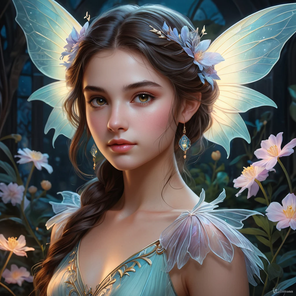 A whimsical, almost ethereal portrait of Kassandra, a young vampire with delicate features and translucent wings. She's surrounded by glowing bioluminescent flora, a dreamy atmosphere, pastel colors, art nouveau style