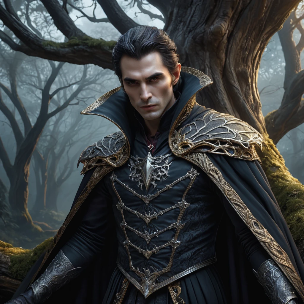 Underneath the canopy of an ancient forest at twilight, a vampire emerges from behind a gnarled tree trunk. Their intricate cloak shimmers with threads of silver and gold as they stand poised, their gaze both commanding and enigmatic against the backdrop of fading light.