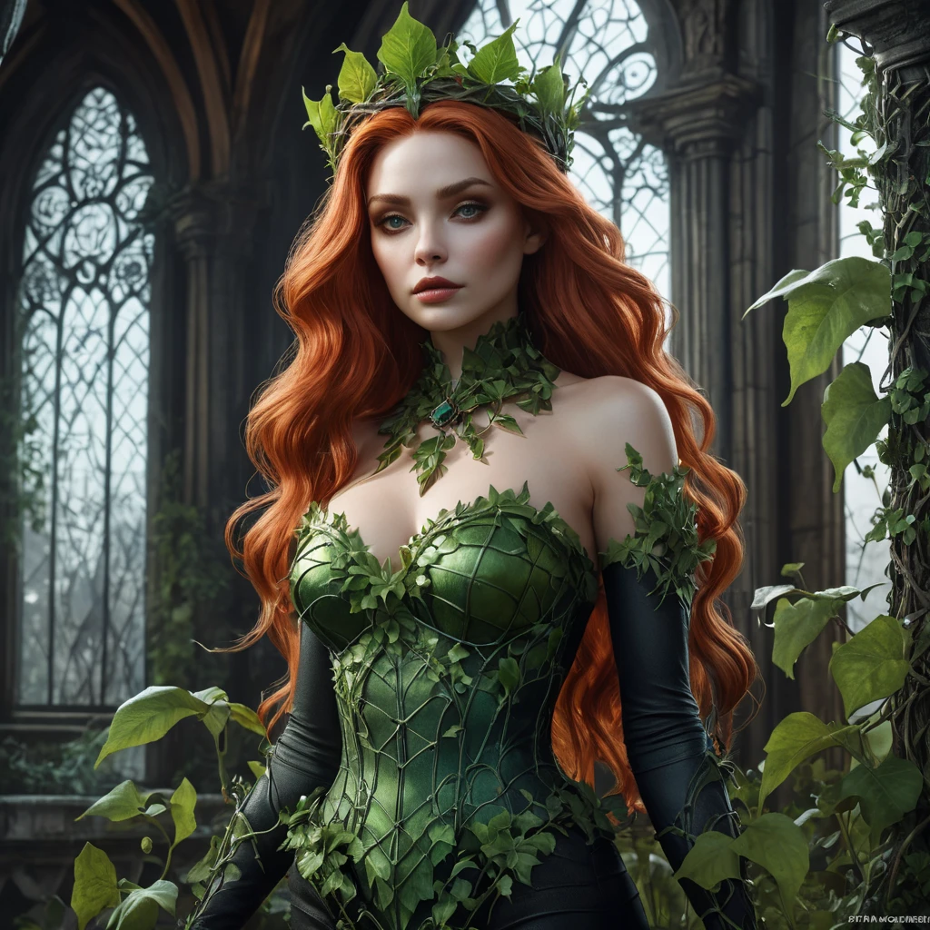 A majestic, powerful vampire Poison Ivy, standing tall amidst a decaying, gothic mansion overgrown with thorny vines.  She wears a crown of thorns and her skin shimmers with an otherworldly luminescence