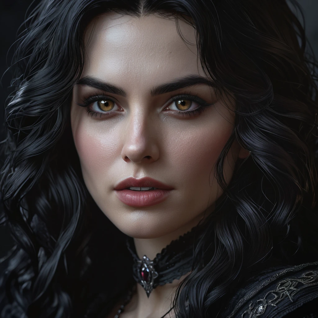 Close-up portrait of a vampire Yennefer, her face etched with ancient wisdom and predatory grace. Her fangs are subtly visible, and a single drop of blood glistens on her chin.  Dark, moody atmosphere, sharp focus on eyes