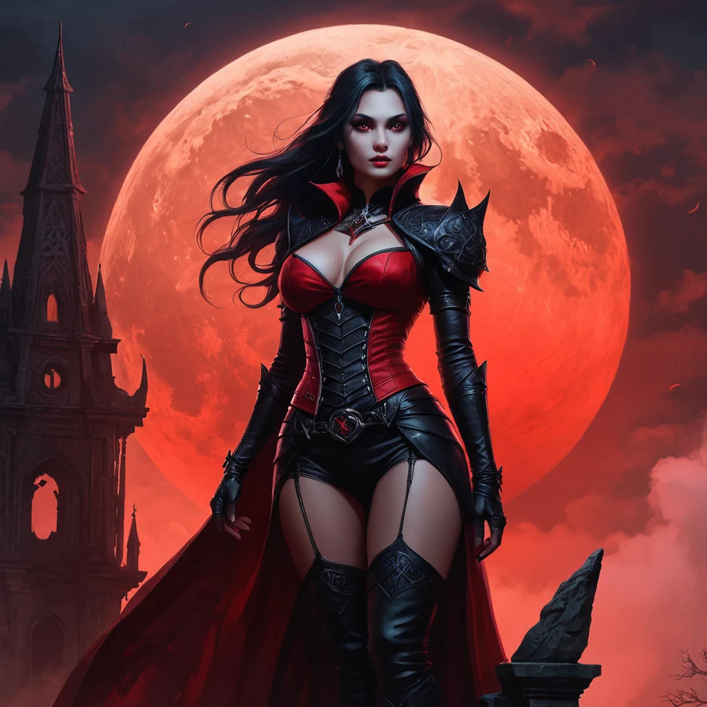 Vampire Nidalee stands silhouetted against a blood-red moon, her eyes glowing an eerie crimson as she perches atop a crumbling gothic tower, surrounded by swirling mist and ancient runes.