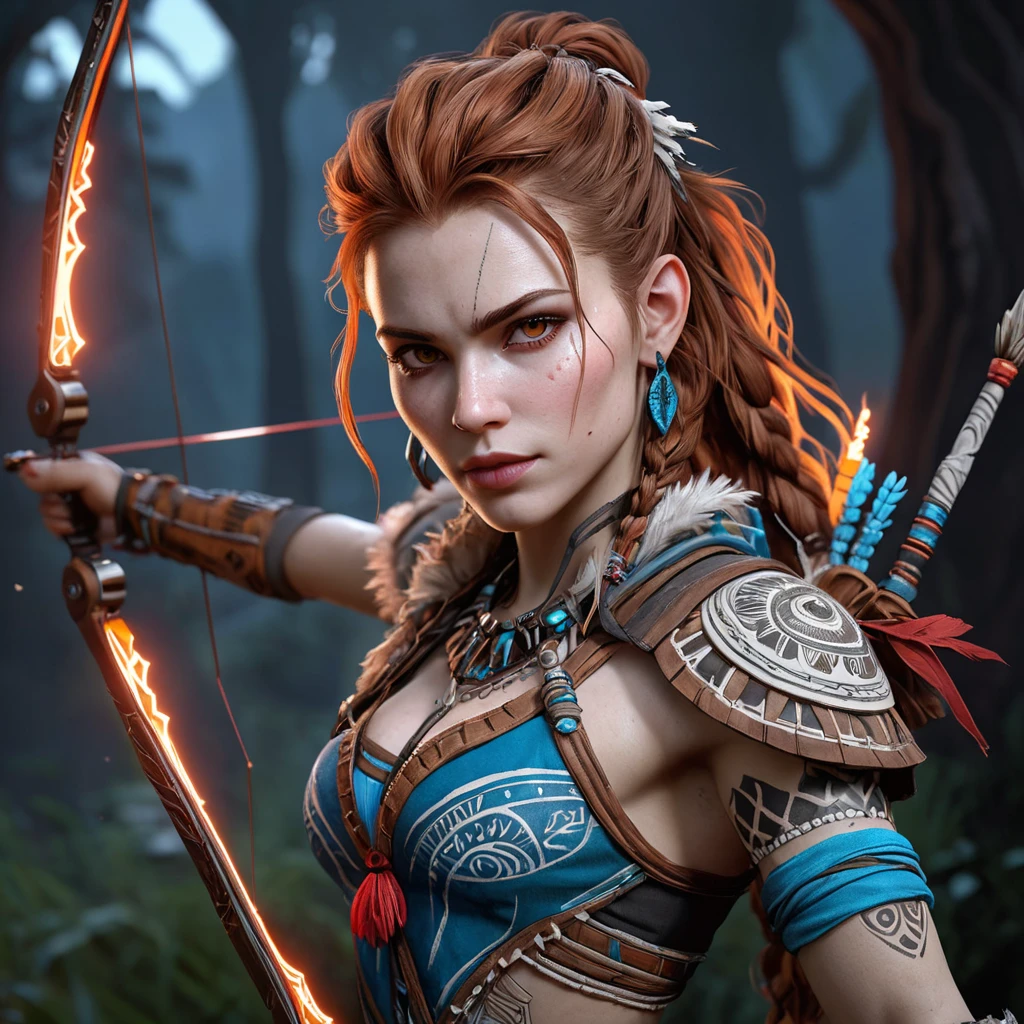 Aloy from Horizon Zero Dawn, but as a vampire, pale skin, crimson eyes, fangs, intricate tribal tattoos, holding a glowing bow