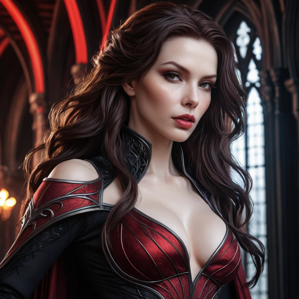 Sarah Kerrigan as a seductive vampire,  pale skin, dark flowing hair, sharp claws, gothic architecture background, blood red highlights, cinematic lighting