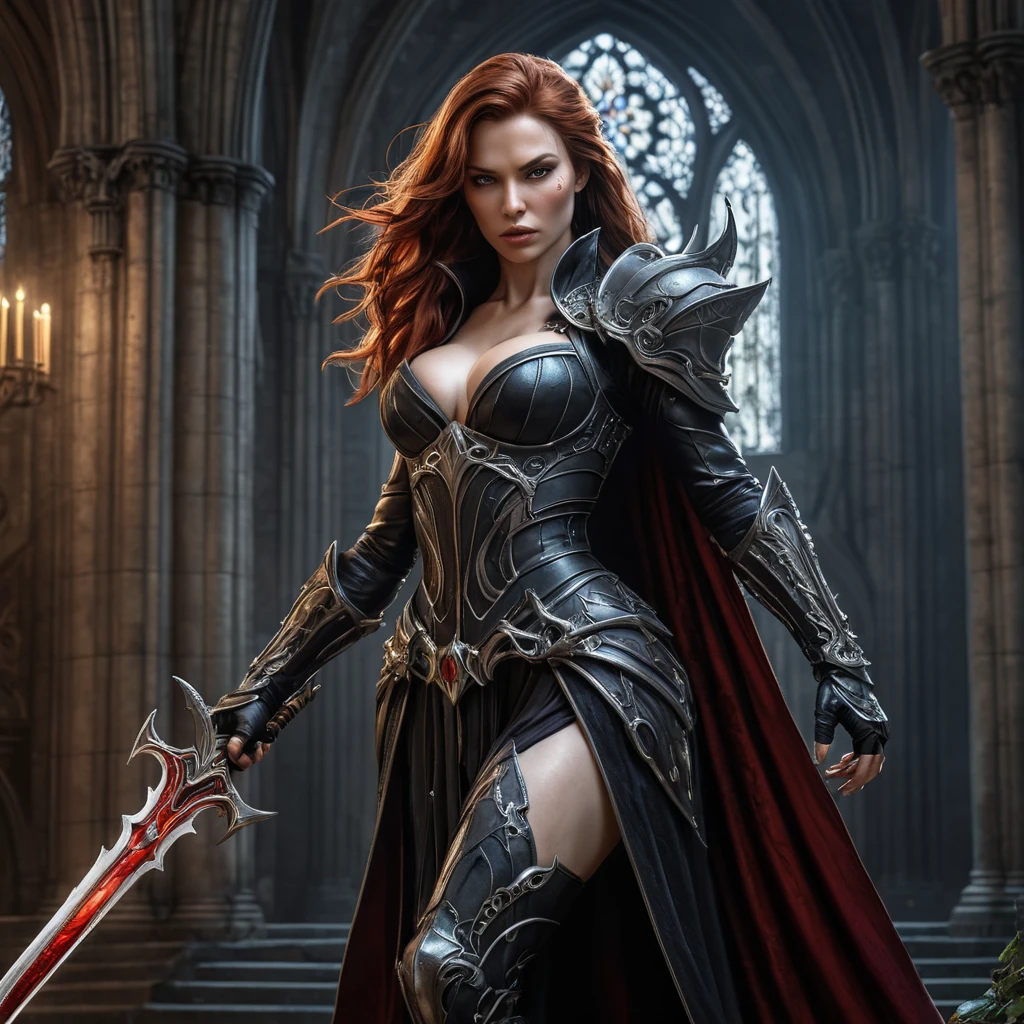 Dark fantasy portrait of Sarah Kerrigan, vampire queen, wielding a wicked blade, dripping blood, dramatic pose, detailed armor, gothic cathedral setting