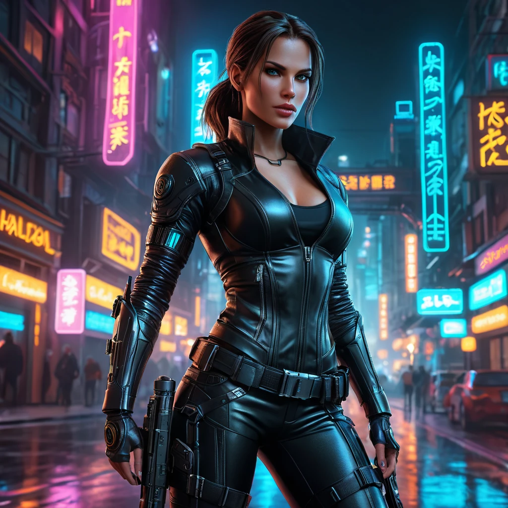 Cyberpunk vampire Lara Croft, neon lights reflecting in her eyes, leather outfit with intricate details, glowing cybernetic enhancements, dual pistols, futuristic city background