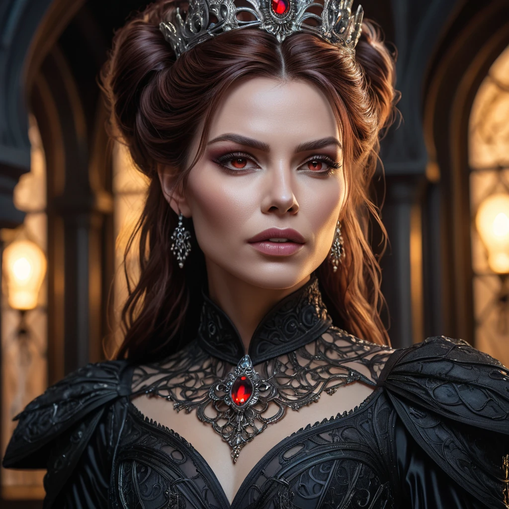 A hyperrealistic portrait of Sarah Kerrigan, transformed into a gothic vampire queen, sharp fangs, crimson eyes glowing faintly, intricate dark Victorian-era gown, ethereal