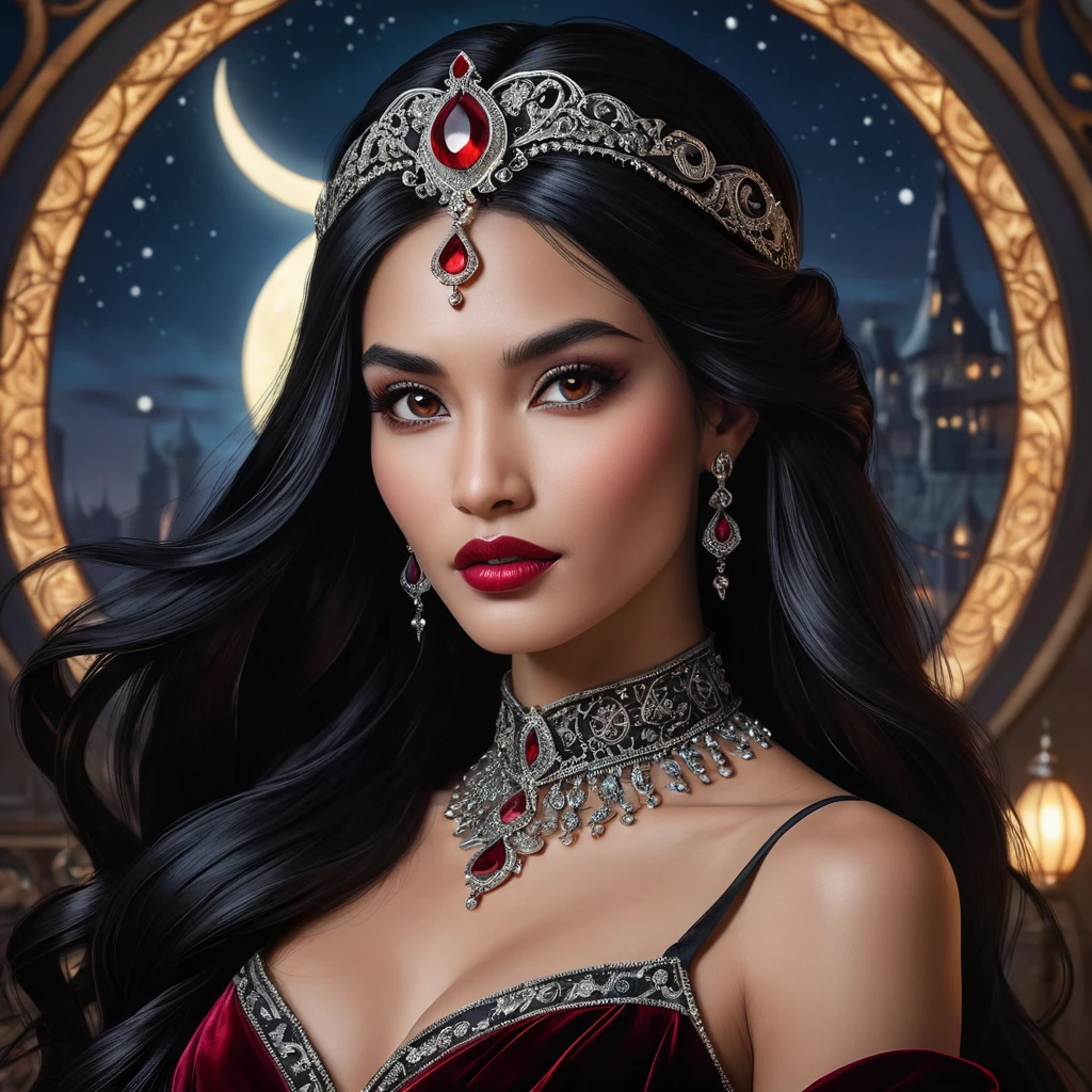 A breathtaking portrait of Vampire Princess Jasmine, ethereal beauty with sharp fangs, flowing midnight-black hair adorned with crimson jewels, wearing a velvet gown embroidered with silver crescent moons