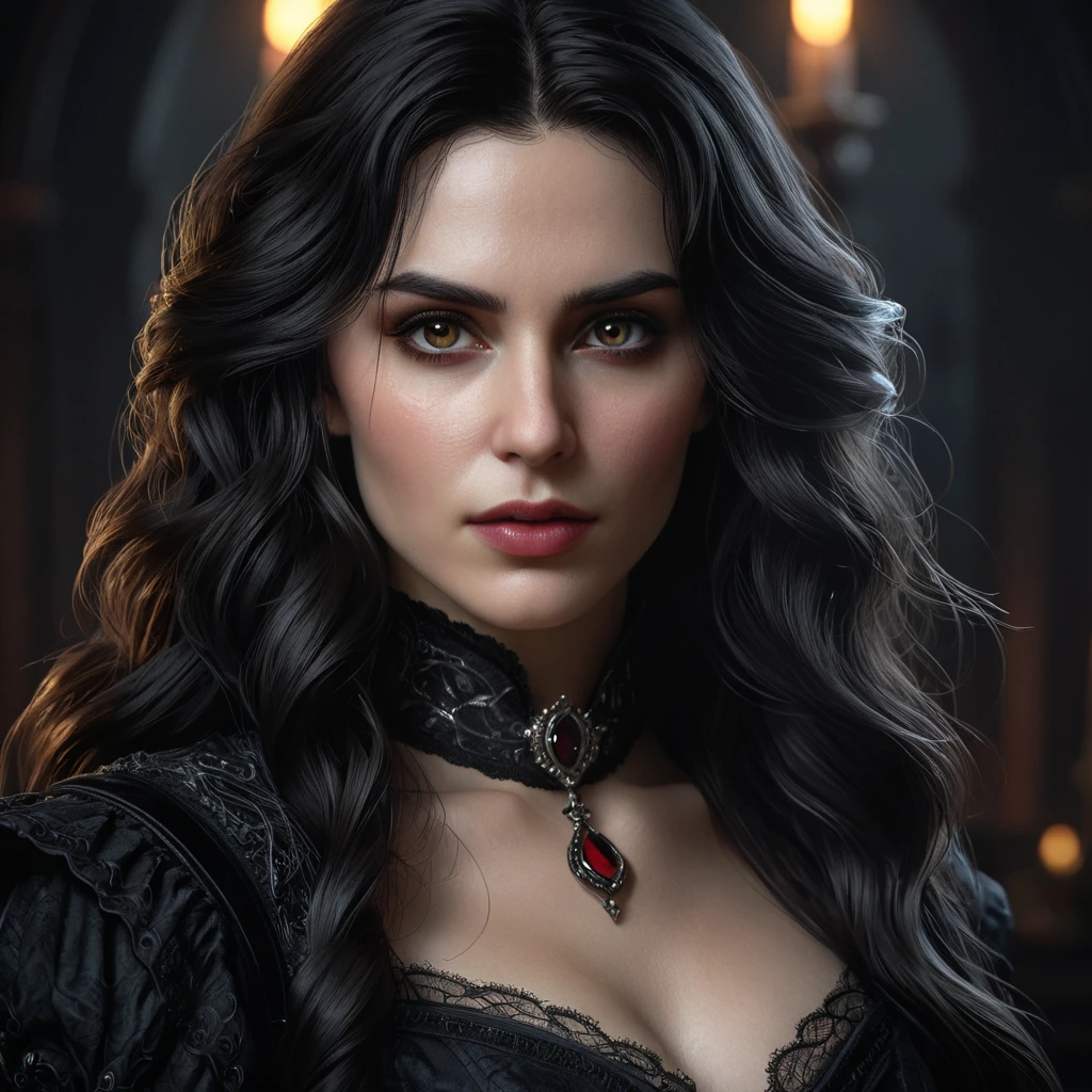 Close-up portrait of a vampire Yennefer, her face etched with ancient wisdom and predatory grace. Her fangs are subtly visible, and a single drop of blood glistens on her chin.  Dark, moody atmosphere, sharp focus on eyes