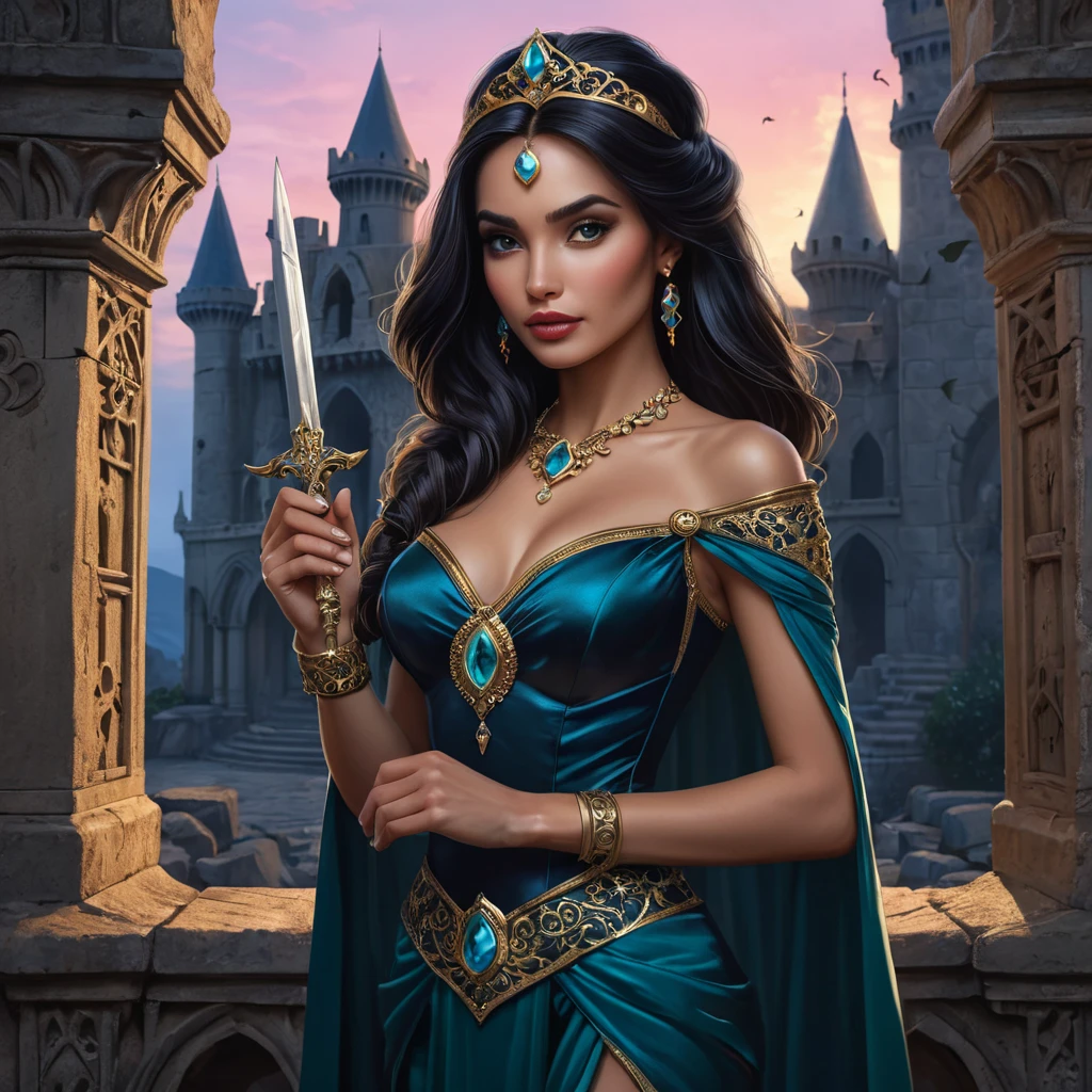 Vampire Princess Jasmine, elegant and powerful, standing amidst a gothic castle ruins at twilight, holding a jeweled dagger,  realistic