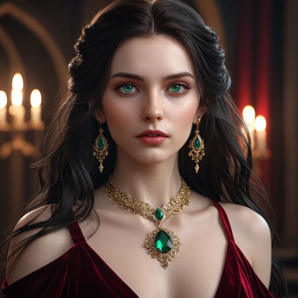 Portrait of Kassandra, a striking vampire with piercing emerald eyes, pale skin, and long raven hair cascading down her shoulders. She wears a flowing crimson velvet gown, a single ruby pendant adorns her neck