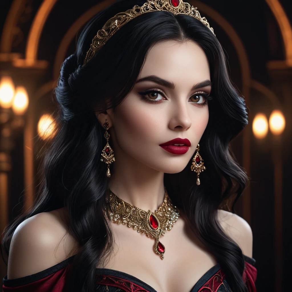 Close-up portrait of Vampire Princess Jasmine, seductive gaze, pale skin, crimson lips, sharp fangs subtly visible, intricate makeup,  flowing dark hair,  dramatic chiaroscuro lighting