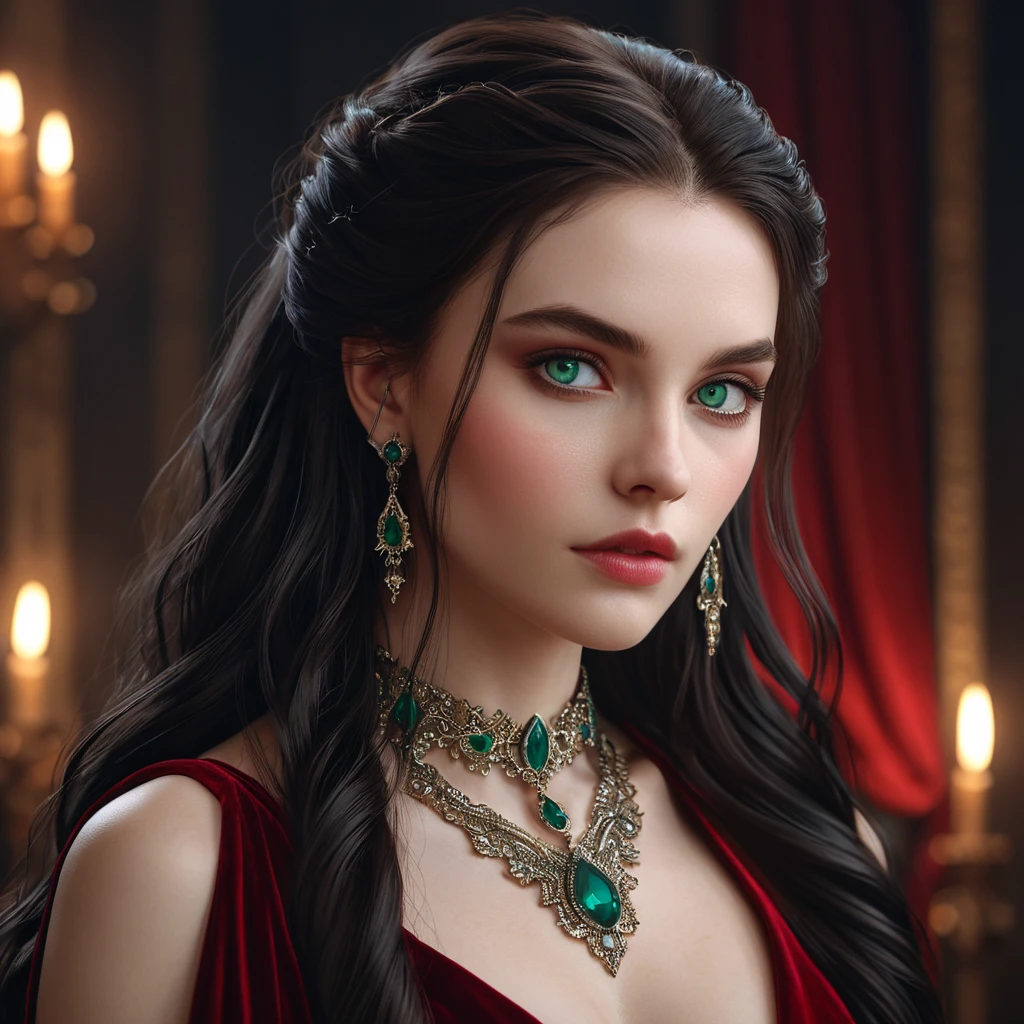 Portrait of Kassandra, a striking vampire with piercing emerald eyes, pale skin, and long raven hair cascading down her shoulders. She wears a flowing crimson velvet gown, a single ruby pendant adorns her neck