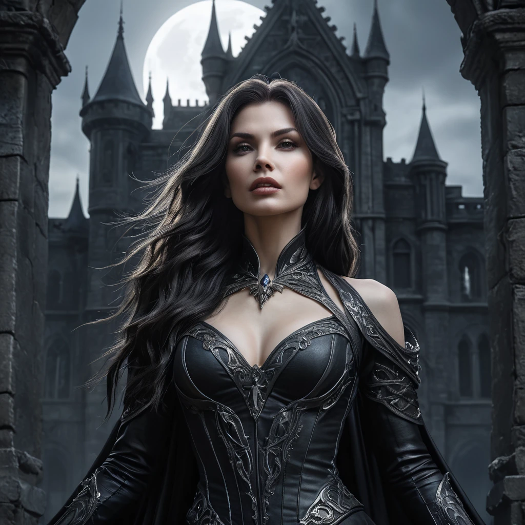 A brooding, elegant vampire Sarah Kerrigan, standing amidst a crumbling gothic castle, moonlight illuminating her pale face, sharp fangs visible,  long flowing black hair