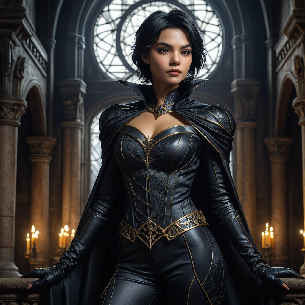 a brooding, elegant vampire Cassandra Cain, poised and deadly, in a dimly lit gothic castle, intricate details in her costume