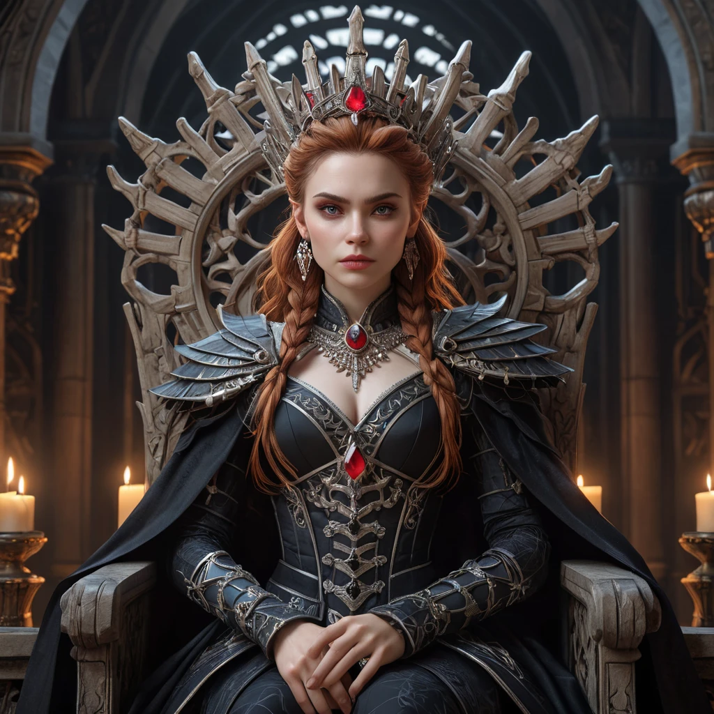 Aloy, vampire queen, sitting on a throne of bones, regal expression, crimson eyes, intricate headdress, dark flowing robes, gothic architecture