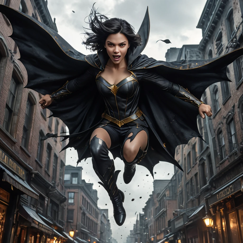 dynamic action shot of vampire Cassandra Cain leaping through the air, cape billowing, fangs bared, blood splatter, dark and gritty urban setting