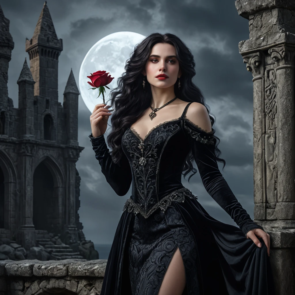 Yennefer, a noble vampire, stands amidst a ruined castle, moonlight illuminating her pale face and long, dark hair. She wears a richly detailed, dark velvet dress.  A single red rose rests in her hand