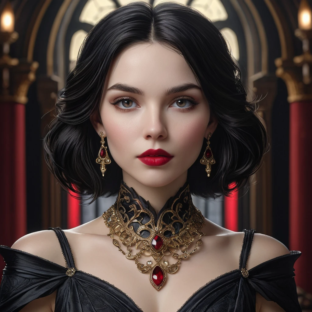 a stunning portrait of Cassandra Cain as a seductive vampire, pale skin, dark hair, crimson lips, piercing gaze, elegant gothic dress, ornate jewelry, dramatic lighting