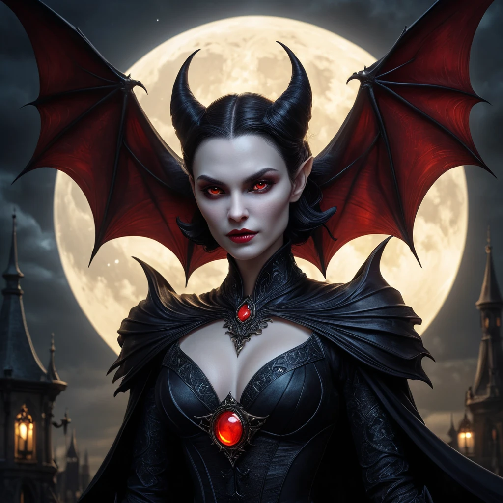 Dramatic fantasy artwork of Vampire Morgana,  transformed into a powerful bat-like creature with glowing red eyes,  surrounded by swirling shadows and moonlight,  dark and moody atmosphere