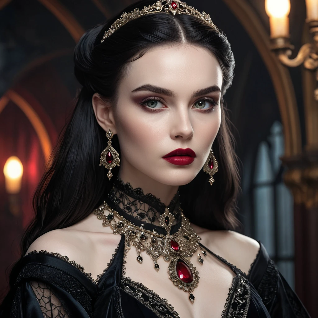 a stunning portrait of Morgana as a seductive vampire, pale skin, dark hair, crimson lips, piercing gaze, elegant gothic dress, ornate jewelry, dramatic lighting