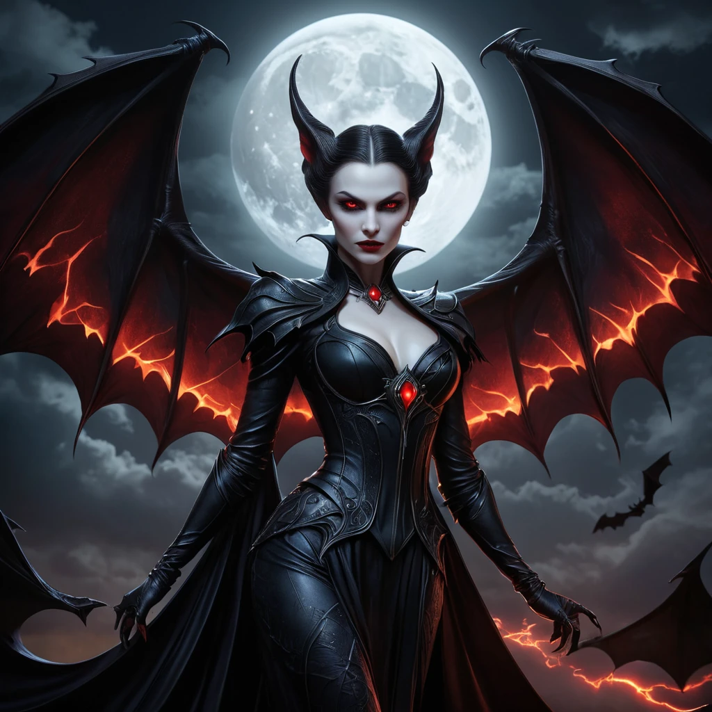 Dramatic fantasy artwork of Vampire Morgana,  transformed into a powerful bat-like creature with glowing red eyes,  surrounded by swirling shadows and moonlight,  dark and moody atmosphere