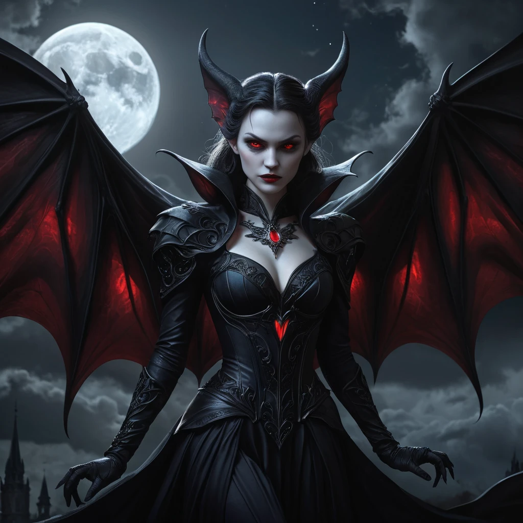 Dramatic fantasy artwork of Vampire Morgana,  transformed into a powerful bat-like creature with glowing red eyes,  surrounded by swirling shadows and moonlight,  dark and moody atmosphere