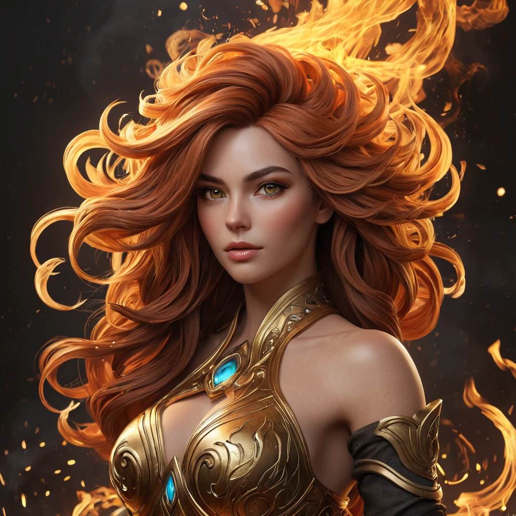 "legendary fire goddess", huge flaming hair, smoke, embers, sparks, head and shoulders portrait, finely drawn eyes, detailed Splash art