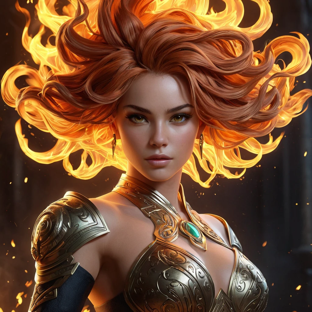 "legendary fire goddess", huge flaming hair, smoke, embers, sparks, head and shoulders portrait, finely drawn eyes, detailed Splash art